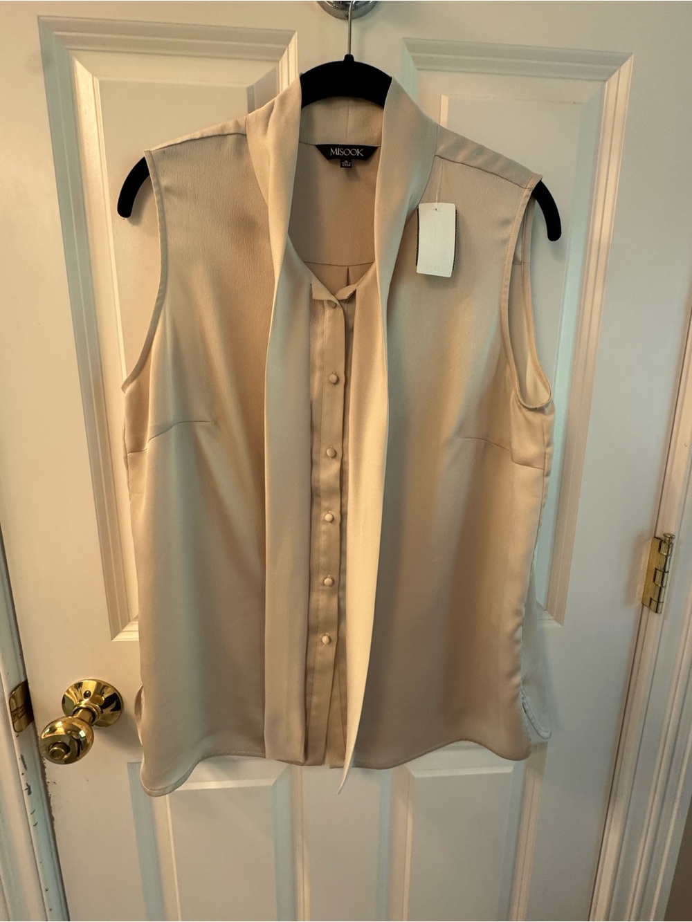 Misook Sleeveless Tie-Neck Blouse in Champagne Beige